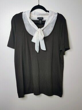 Lane Bryant 14/16 Brown Faux Layered Top Attached Lace Tie Neck Blouse